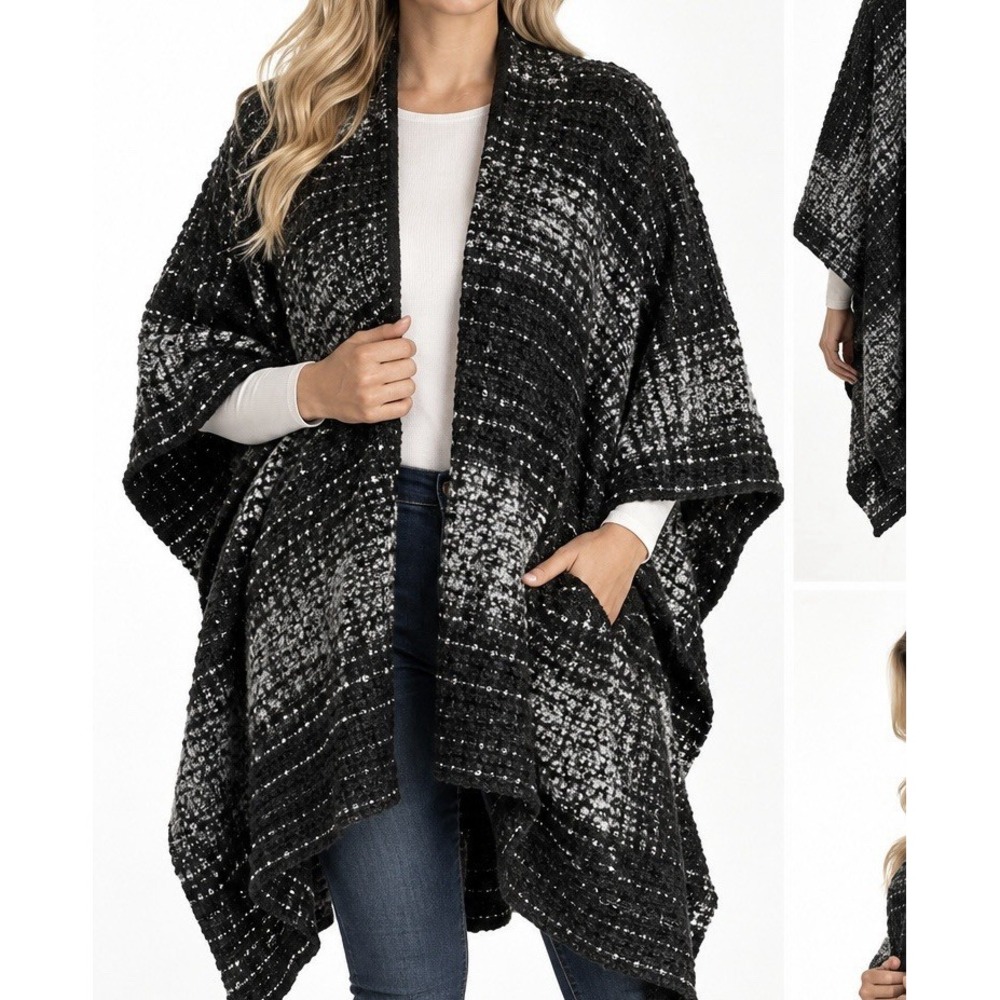 Woolrich Cozy Blanket Wrap Black Gray Boucle Shawl Cape Poncho One Size NWT